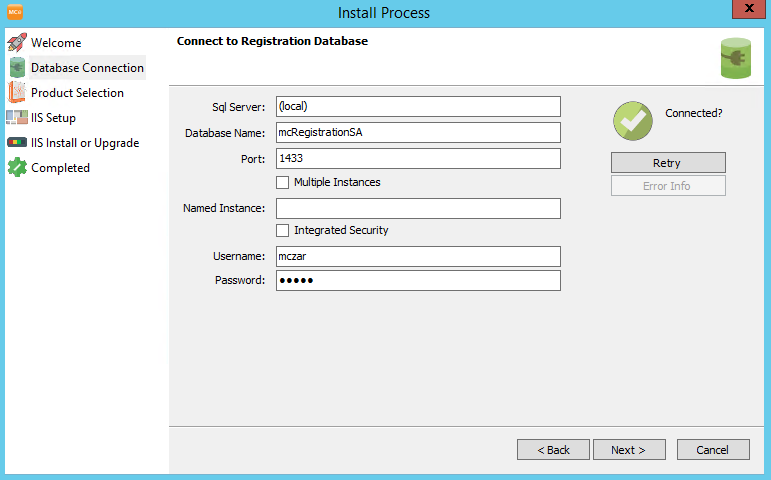 MCE Installation Wizard Database Connection Page